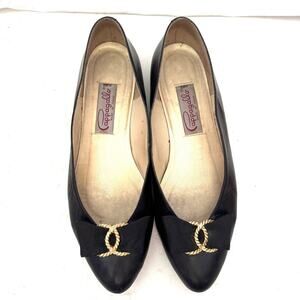 Pappagallo Vintage Black Skimmer Flats Bow & Gold CC Size 9